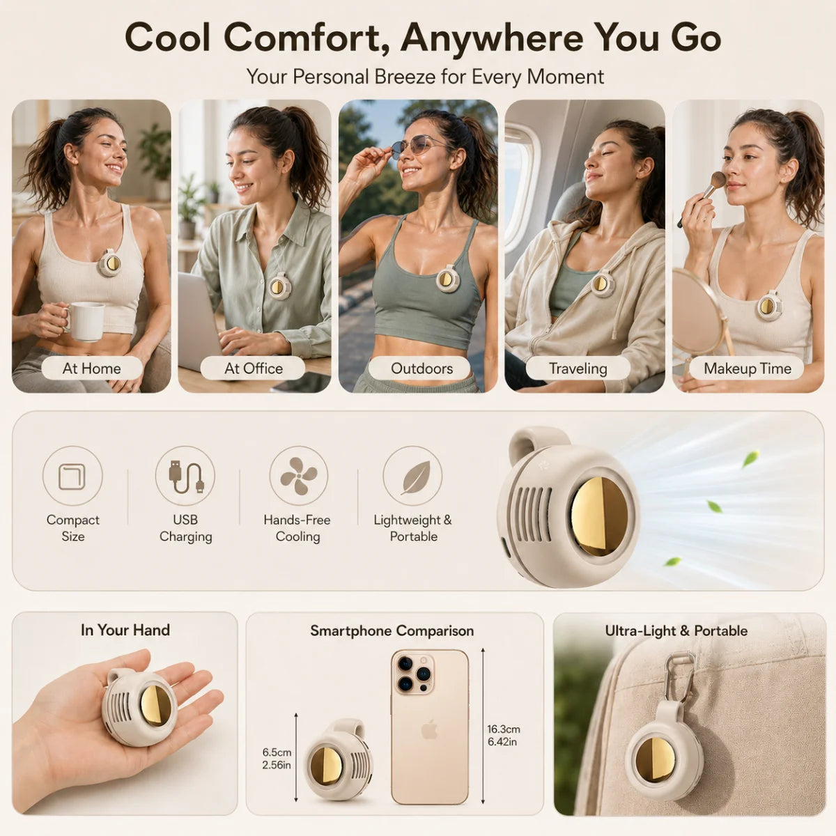 Stay Cool Anywhere – Hands-Free Portable Fan