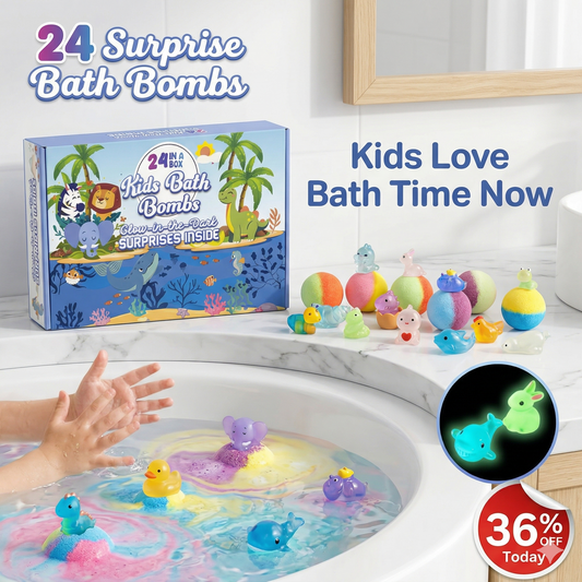 Complete set of 24 organic kids' bath bombs with hidden surprise toys. The perfect gift to transform bath time into a colorful adventure." 